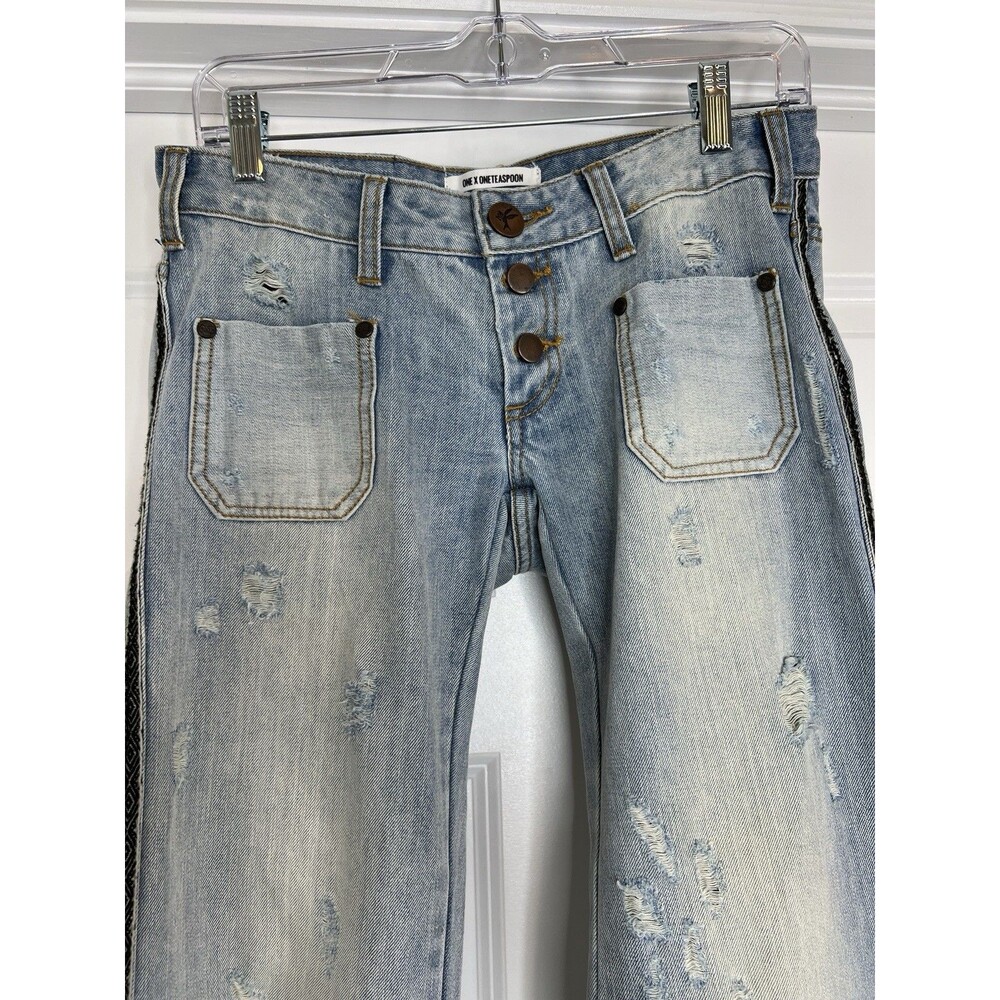 One Teaspoon Le Cats Florence Jeans Womens 27 Distressed Low Rise Flare Leg - Picture 3 of 15